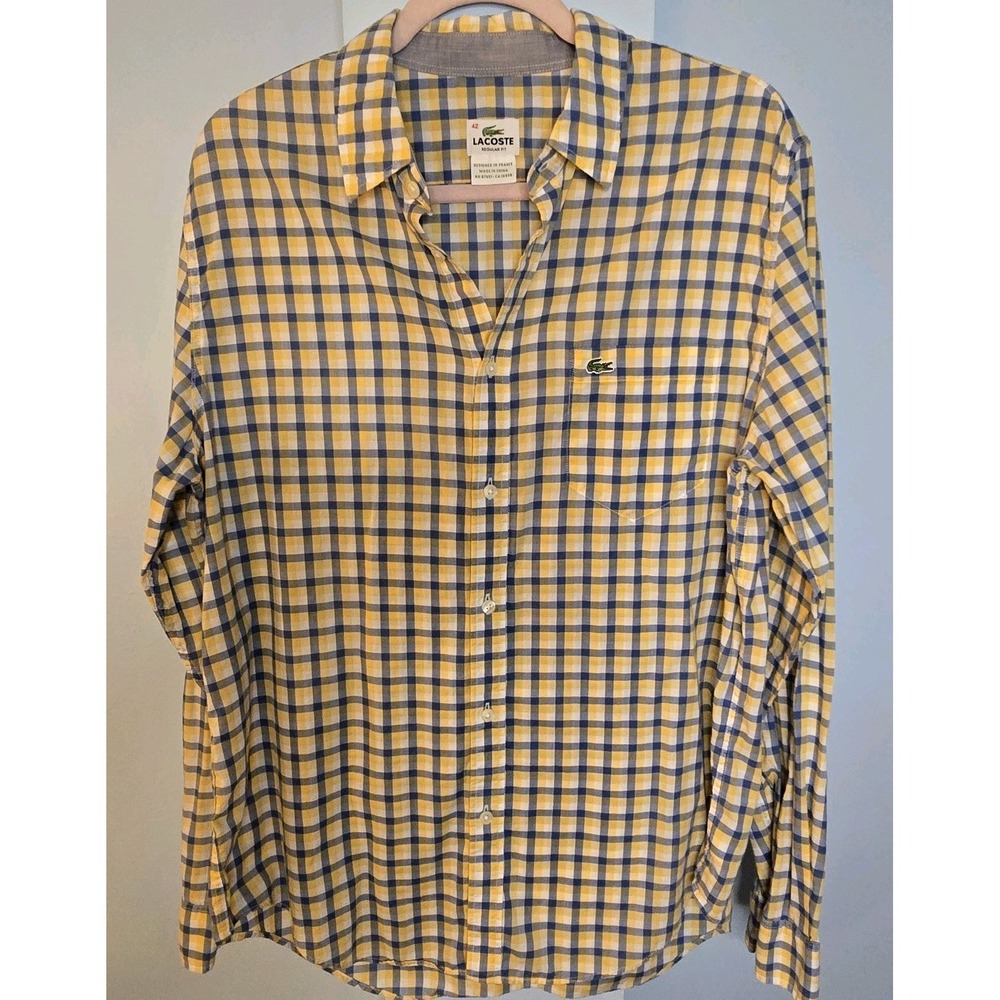 Lacoste Plaid Button Down Shirt Mens 42 Yellow Blue Long Sleeve Preppy Old Money